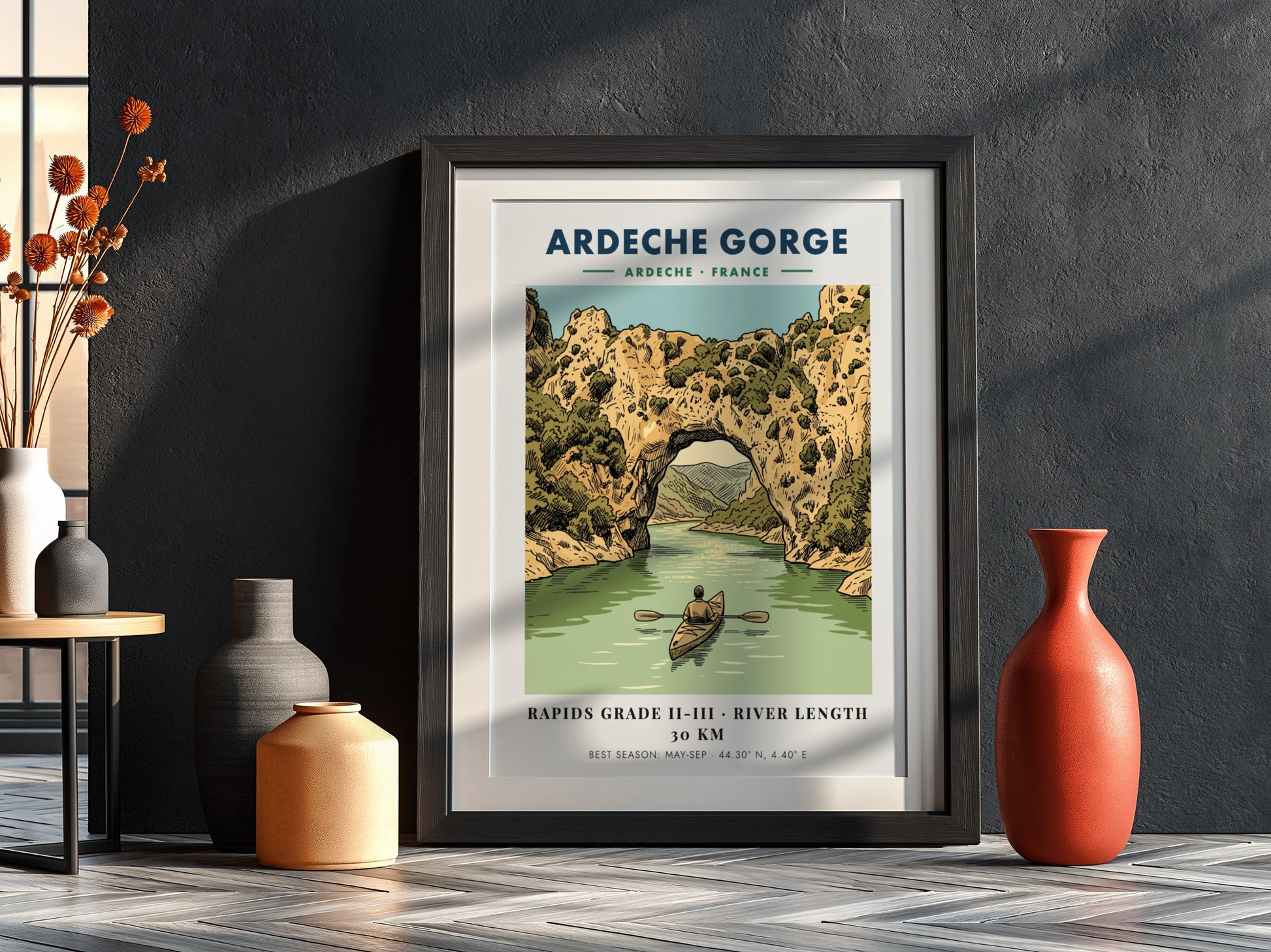 Poster of a kayaker paddling through the natural stone arch at Ardeche Gorge France.