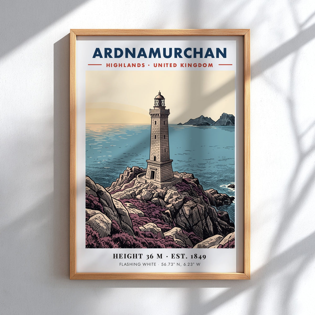 Poster featuring the Ardnamurchan Lighthouse on a rocky coast with blue sea tones.