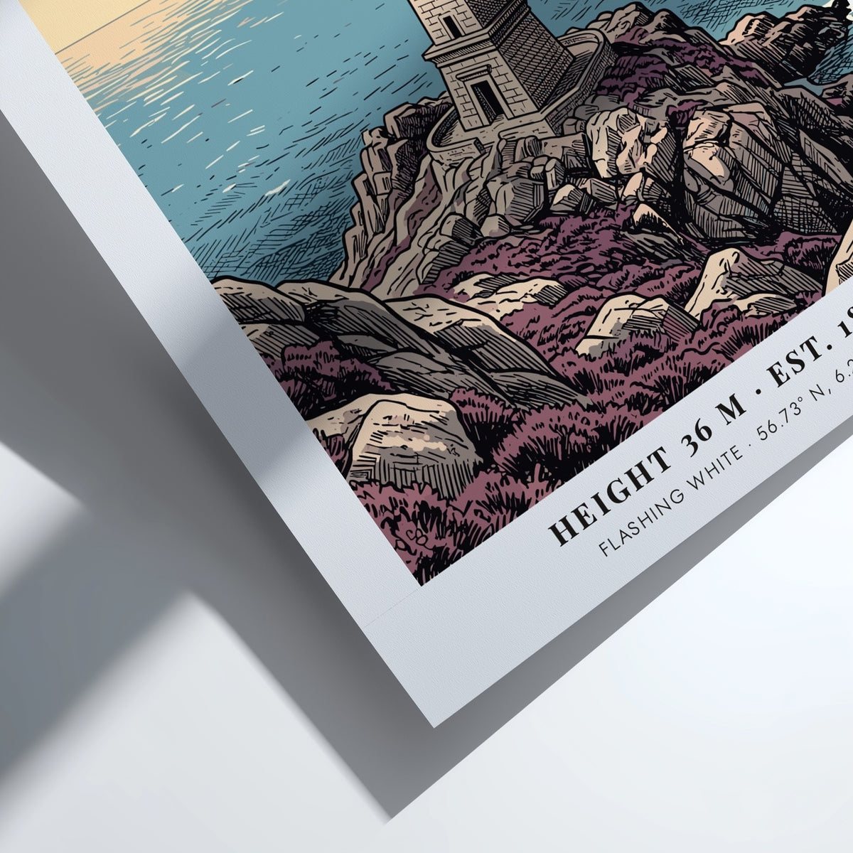 Poster featuring the Ardnamurchan Lighthouse on a rocky coast with blue sea tones.