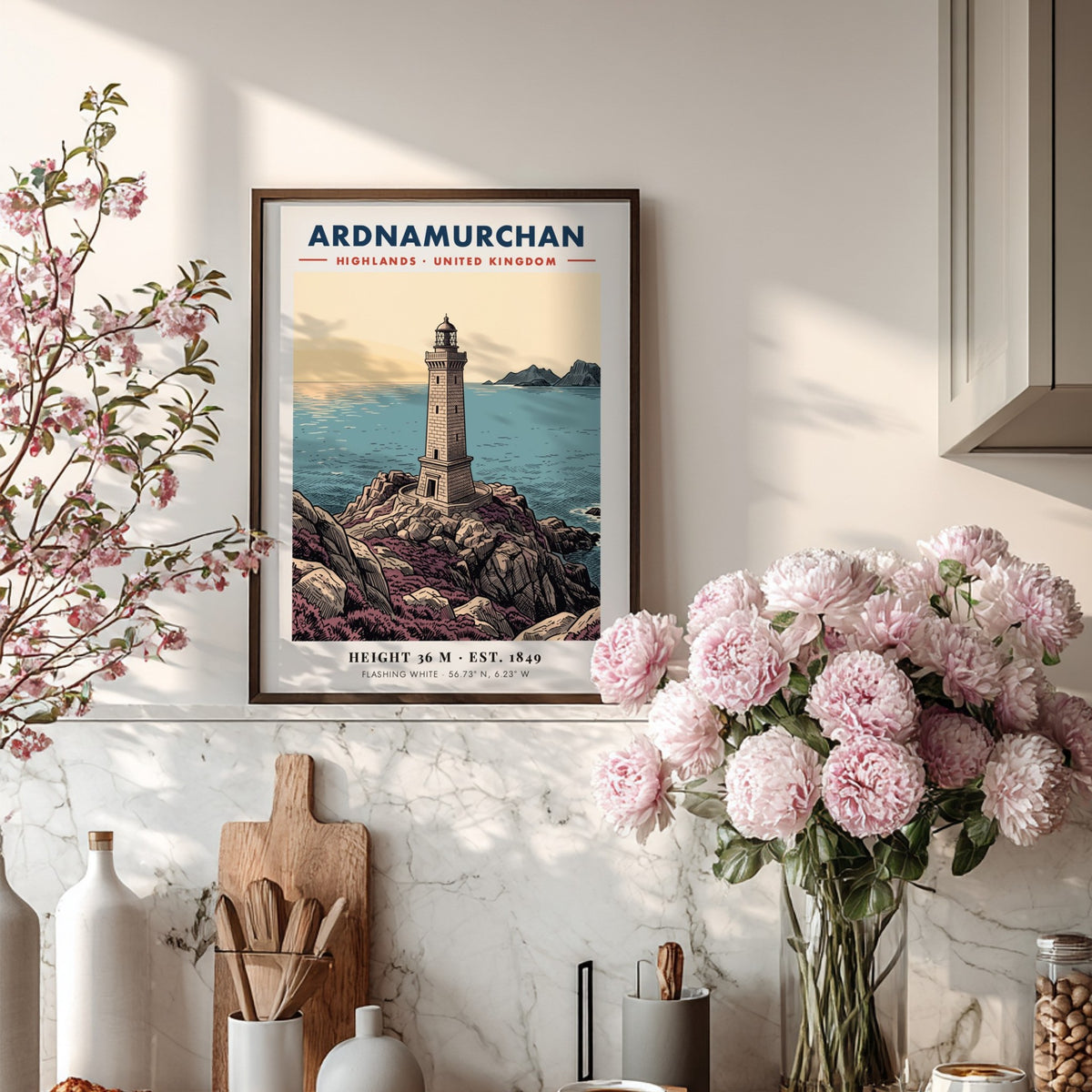Poster featuring the Ardnamurchan Lighthouse on a rocky coast with blue sea tones.