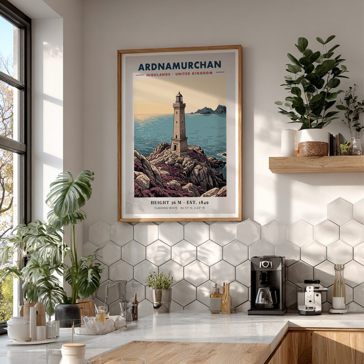 Poster featuring the Ardnamurchan Lighthouse on a rocky coast with blue sea tones.