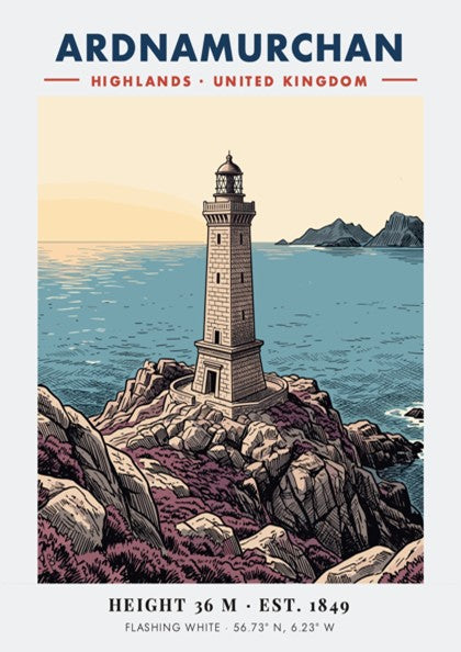 Poster featuring the Ardnamurchan Lighthouse on a rocky coast with blue sea tones.