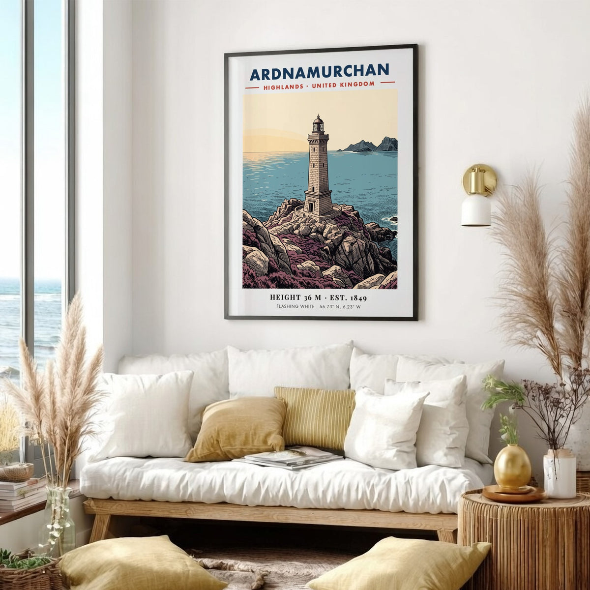Poster featuring the Ardnamurchan Lighthouse on a rocky coast with blue sea tones.