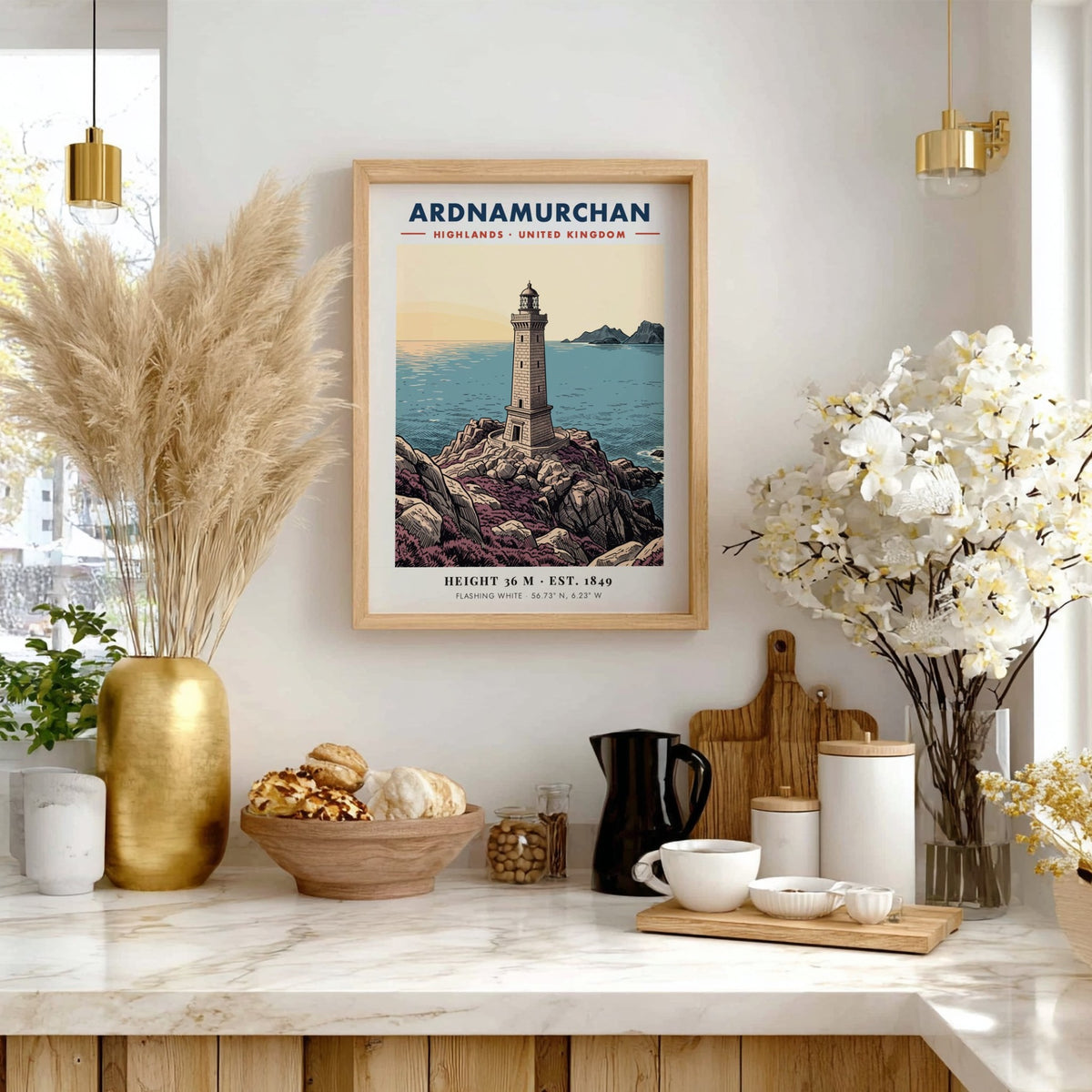 Poster featuring the Ardnamurchan Lighthouse on a rocky coast with blue sea tones.