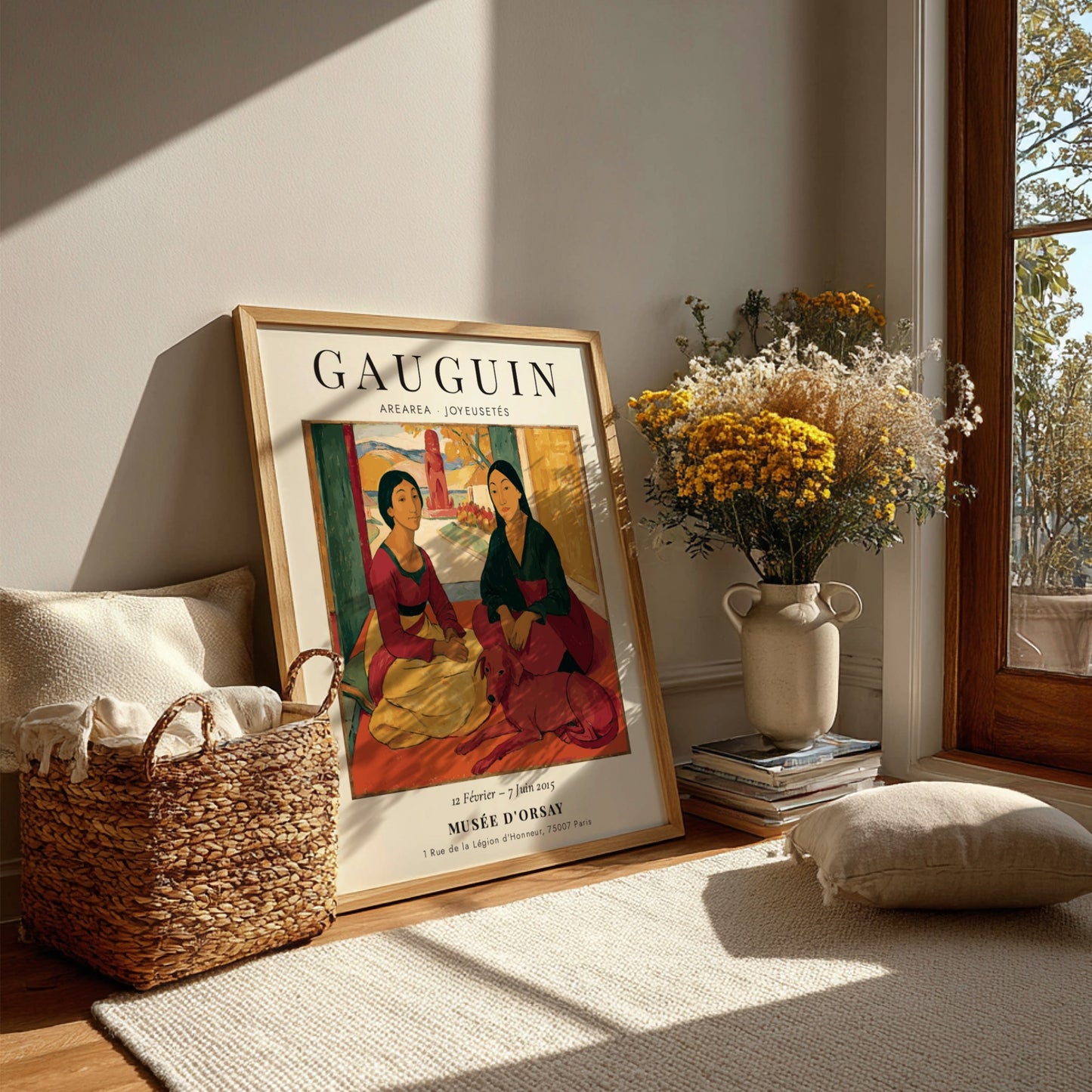 Gauguin exhibition poster featuring Arearea Joyeusetés with vibrant colors and expressive figures