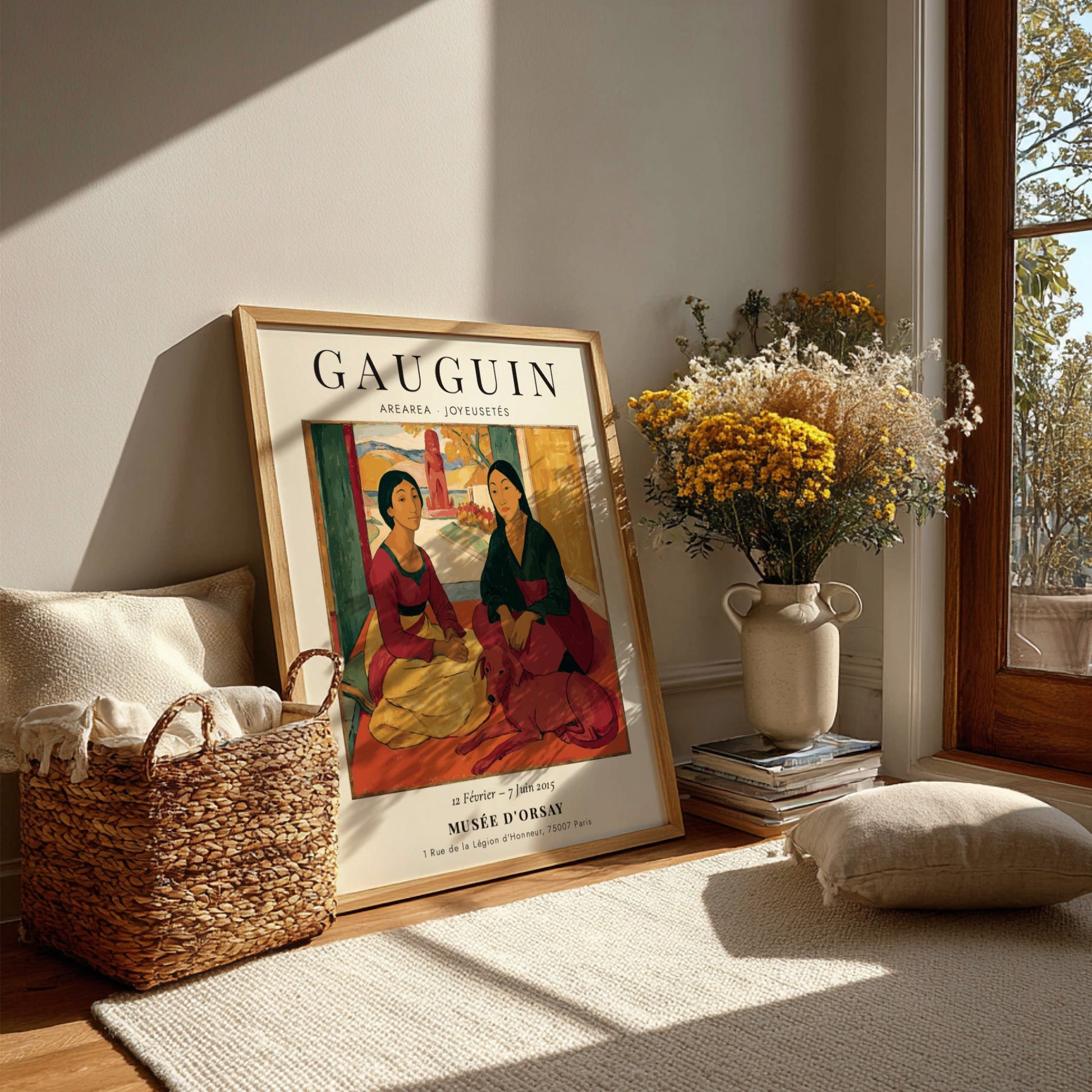 Gauguin exhibition poster featuring Arearea Joyeusetés with vibrant colors and expressive figures