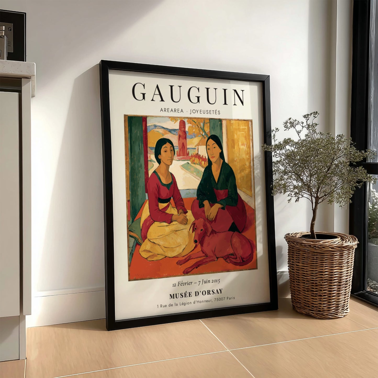Gauguin exhibition poster featuring Arearea Joyeusetés with vibrant colors and expressive figures