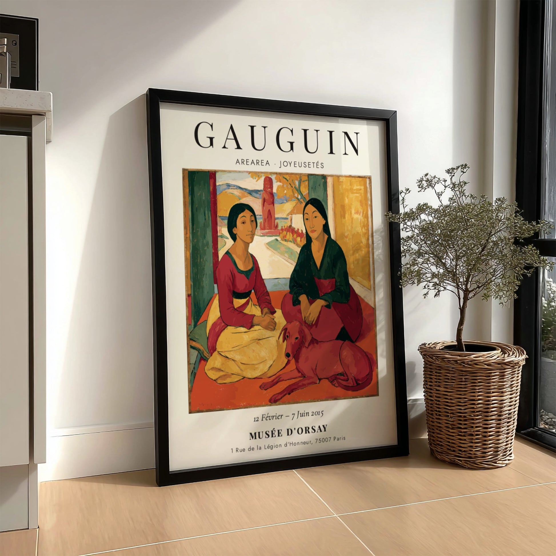 Gauguin exhibition poster featuring Arearea Joyeusetés with vibrant colors and expressive figures