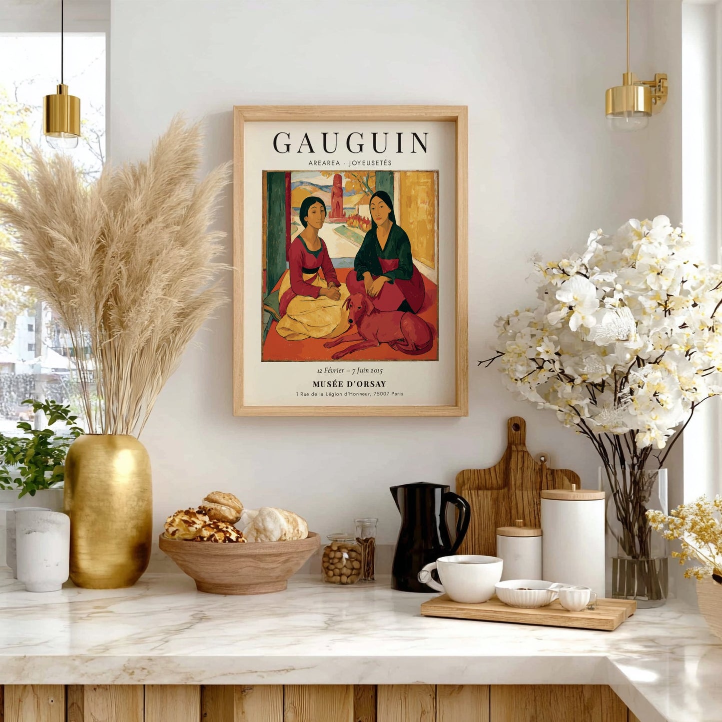 Gauguin exhibition poster featuring Arearea Joyeusetés with vibrant colors and expressive figures