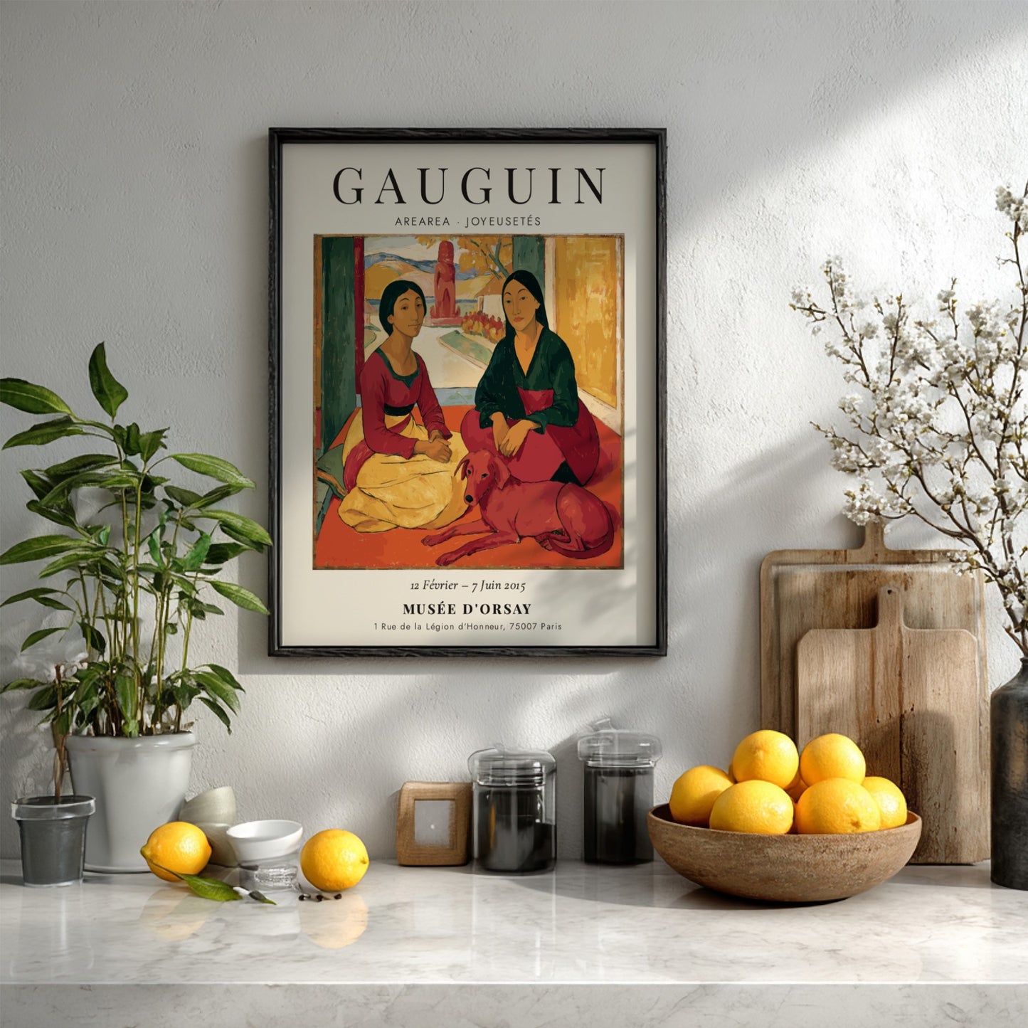 Gauguin exhibition poster featuring Arearea Joyeusetés with vibrant colors and expressive figures