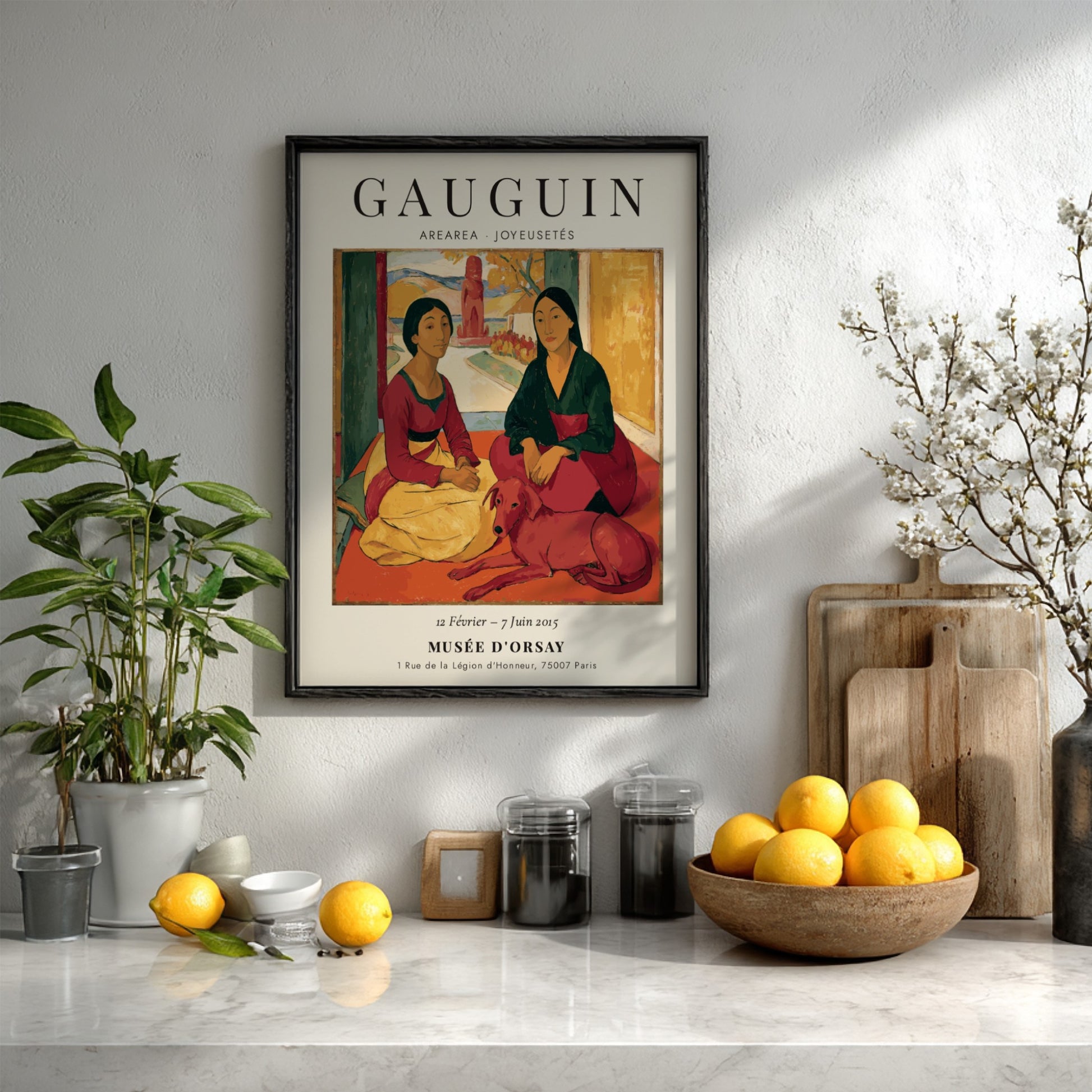 Gauguin exhibition poster featuring Arearea Joyeusetés with vibrant colors and expressive figures