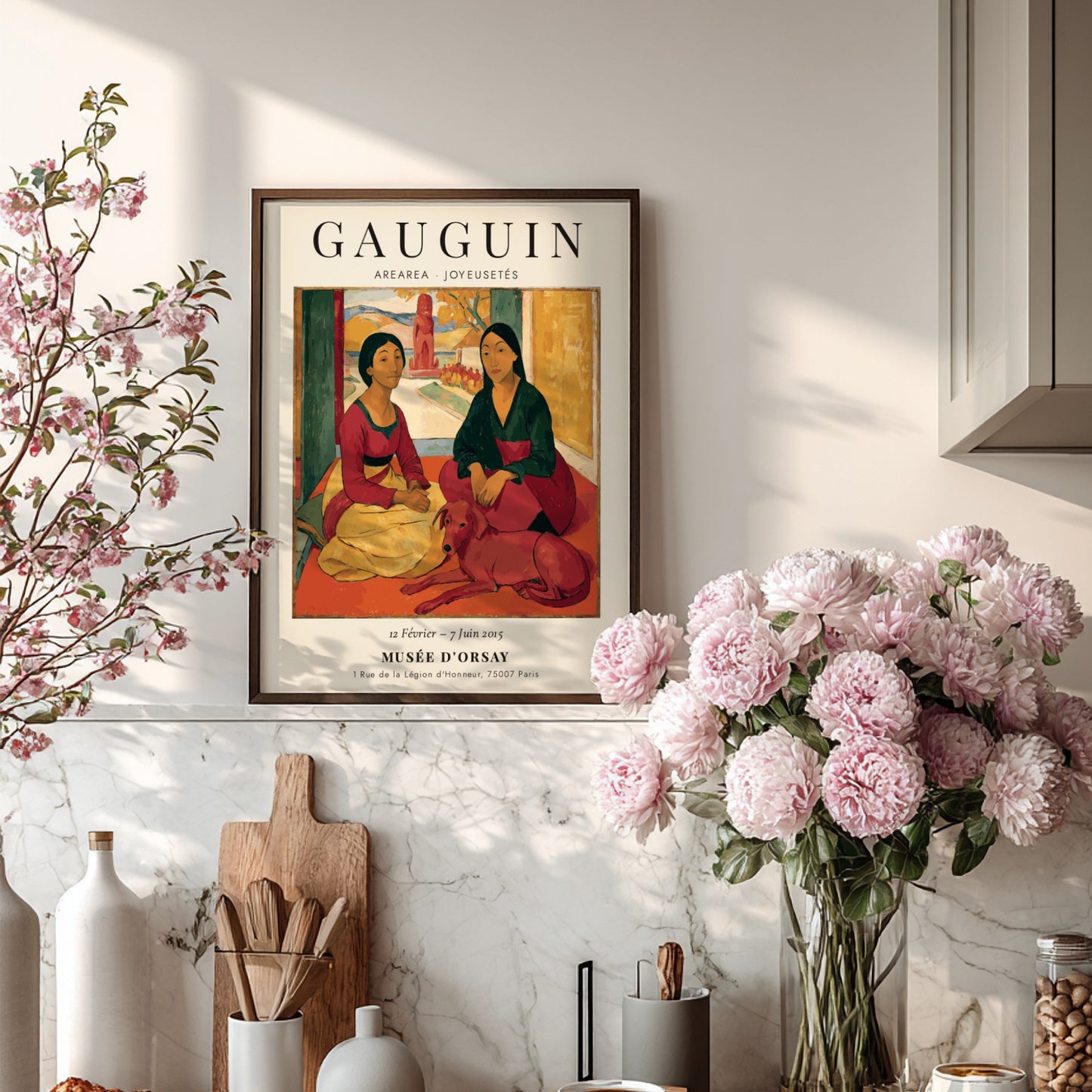 Gauguin exhibition poster featuring Arearea Joyeusetés with vibrant colors and expressive figures