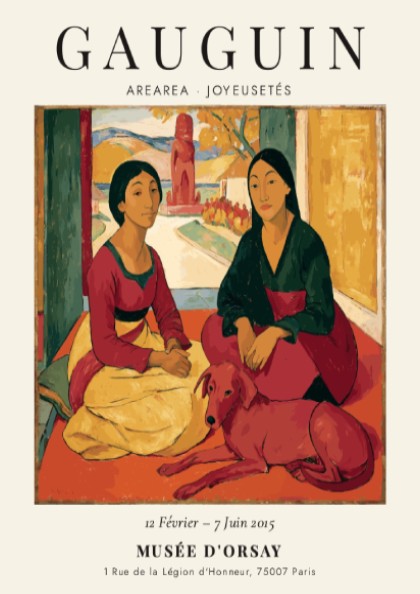 Gauguin exhibition poster featuring Arearea Joyeusetés with vibrant colors and expressive figures