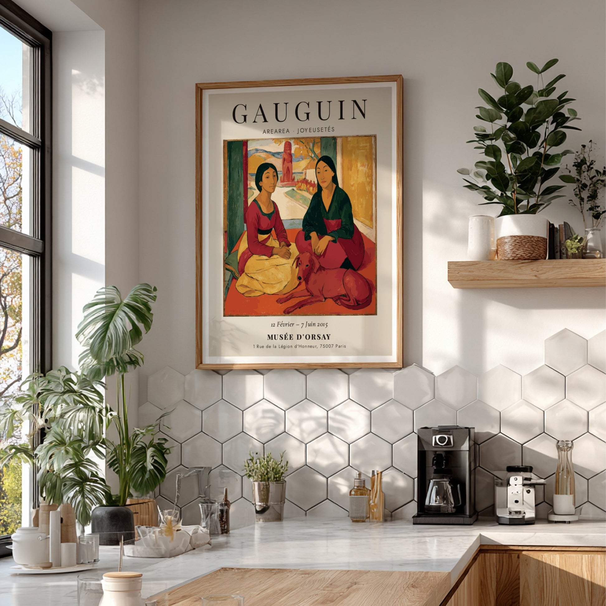 Gauguin exhibition poster featuring Arearea Joyeusetés with vibrant colors and expressive figures