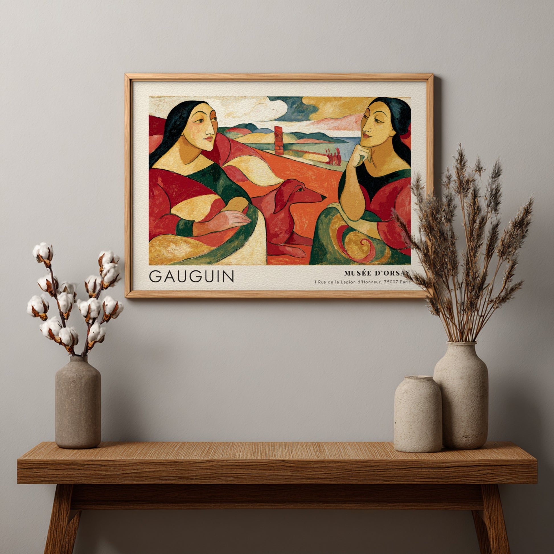 Wall art poster featuring Gauguin Arearea painting with two women and a dog