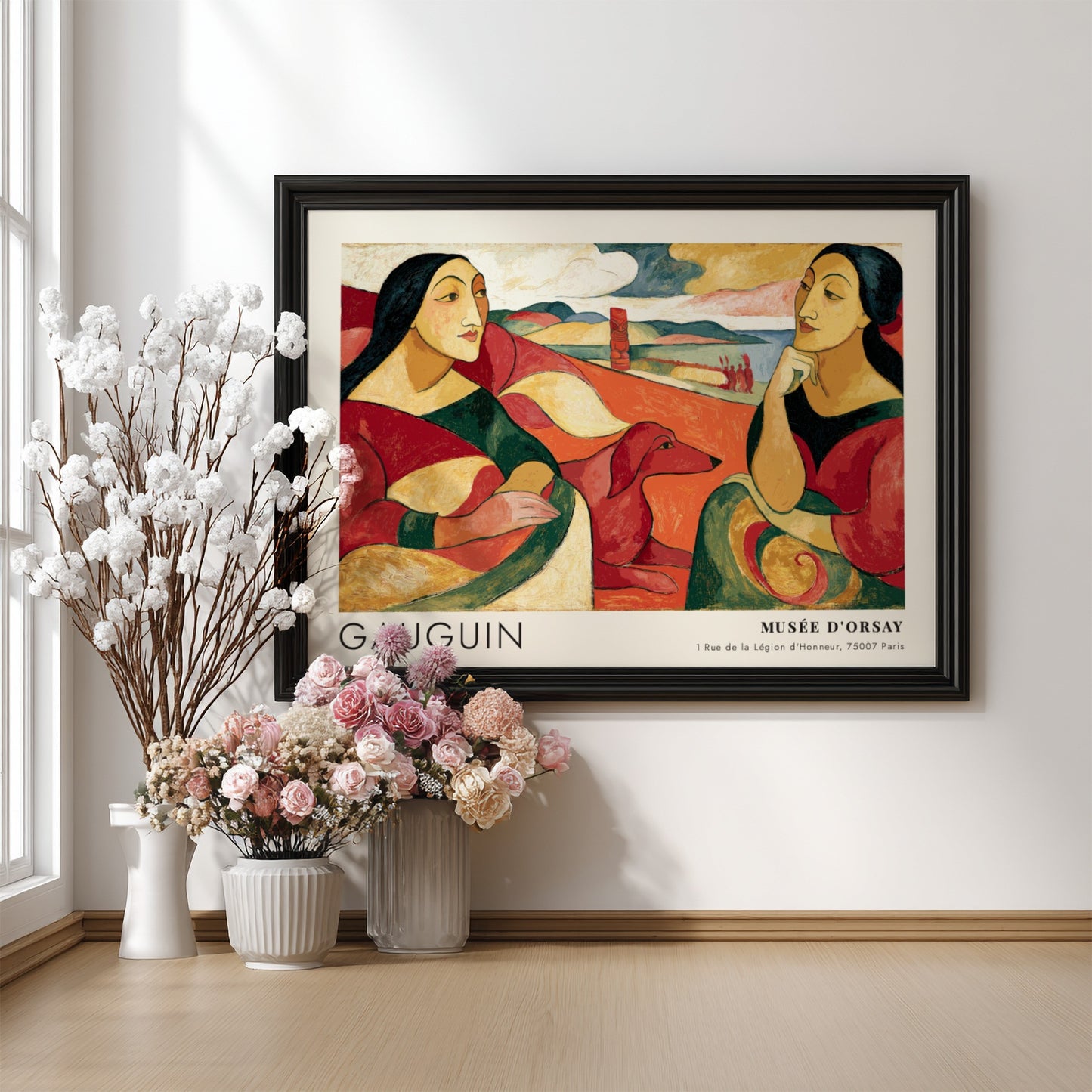 Wall art poster featuring Gauguin Arearea painting with two women and a dog