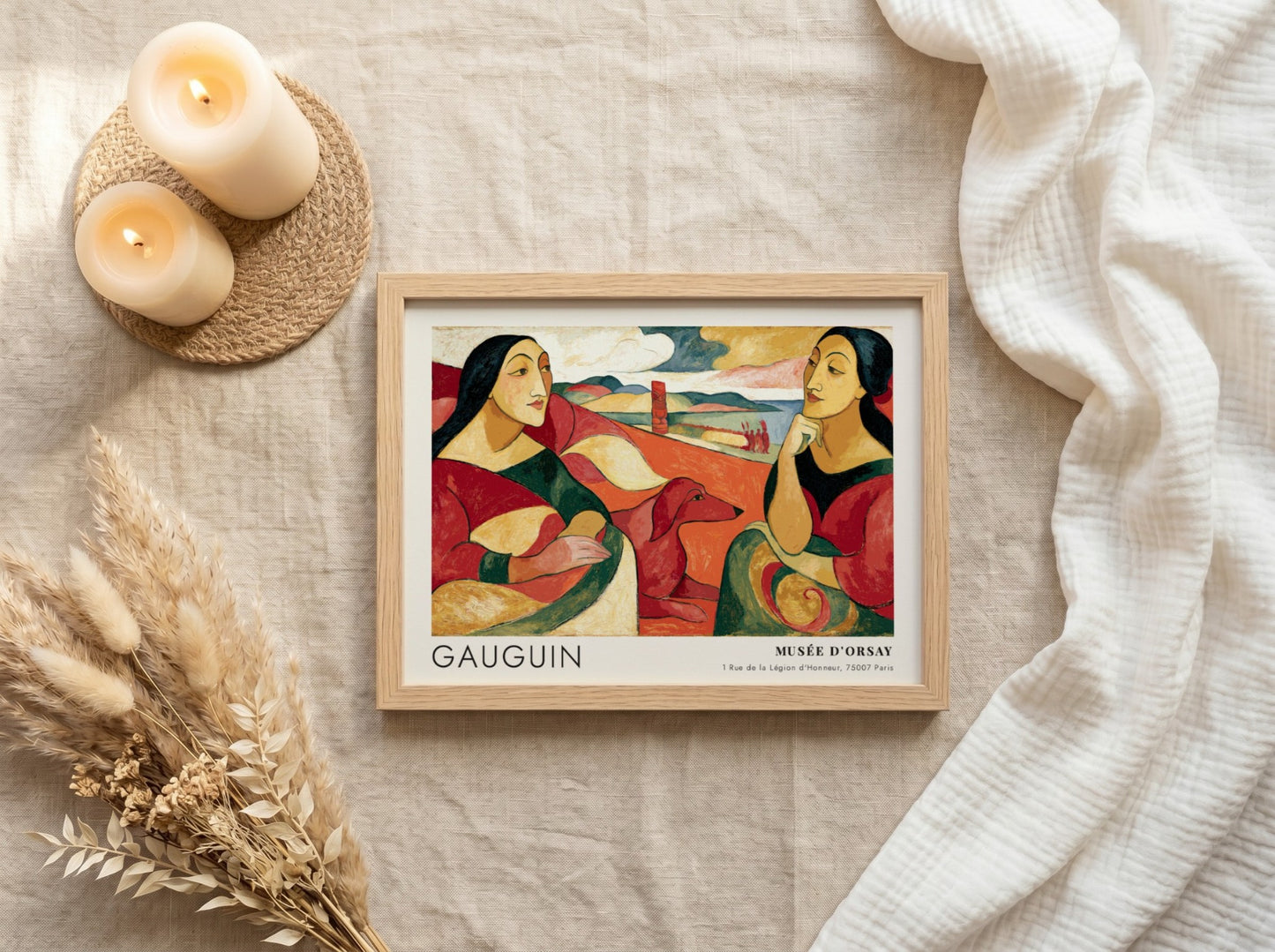 Wall art poster featuring Gauguin Arearea painting with two women and a dog
