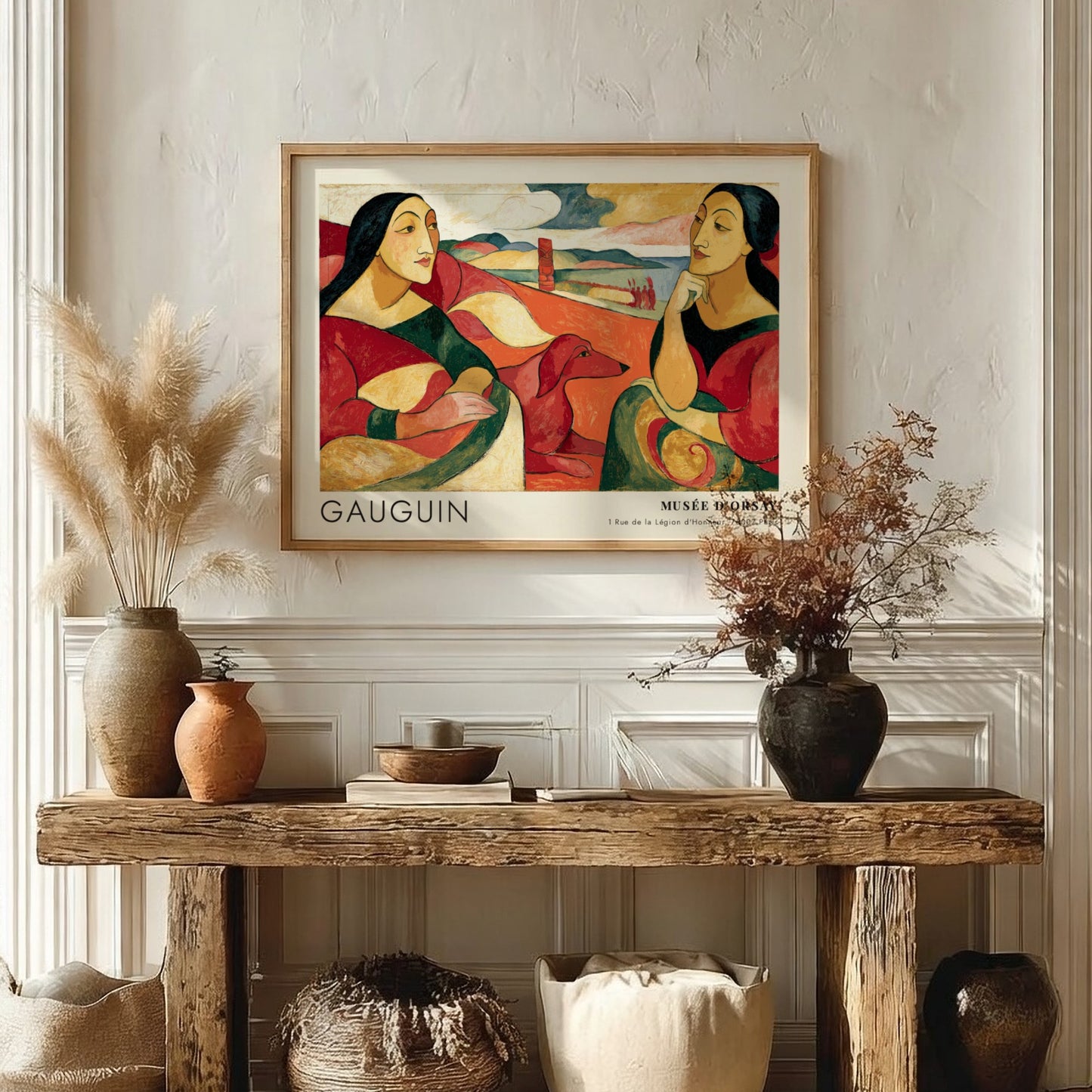 Wall art poster featuring Gauguin Arearea painting with two women and a dog