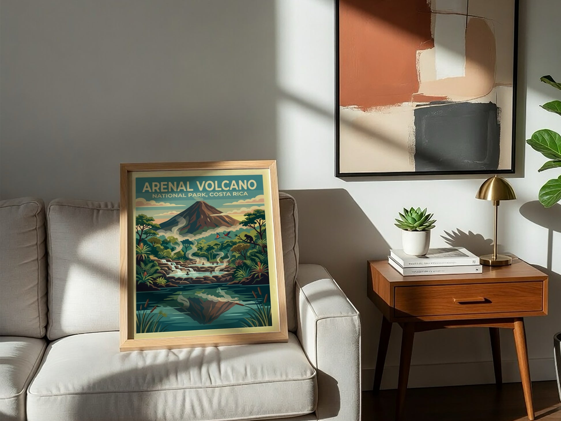 Travel poster of Arenal Volcano in Costa Rica with steaming thermal pools and monkeys.