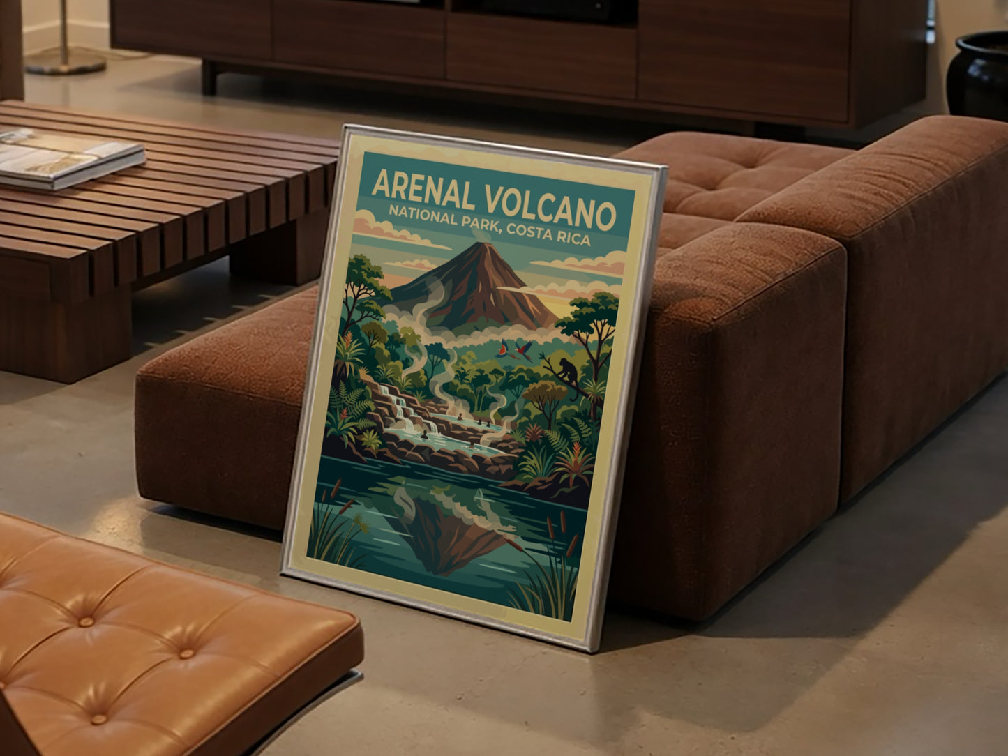 Travel poster of Arenal Volcano in Costa Rica with steaming thermal pools and monkeys.