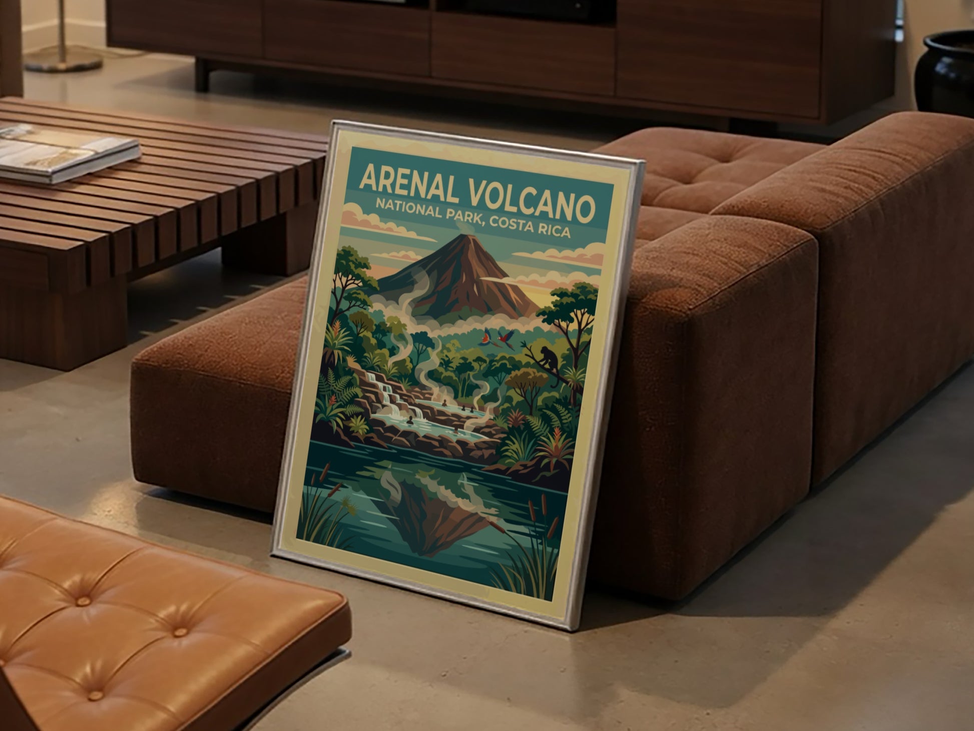 Travel poster of Arenal Volcano in Costa Rica with steaming thermal pools and monkeys.
