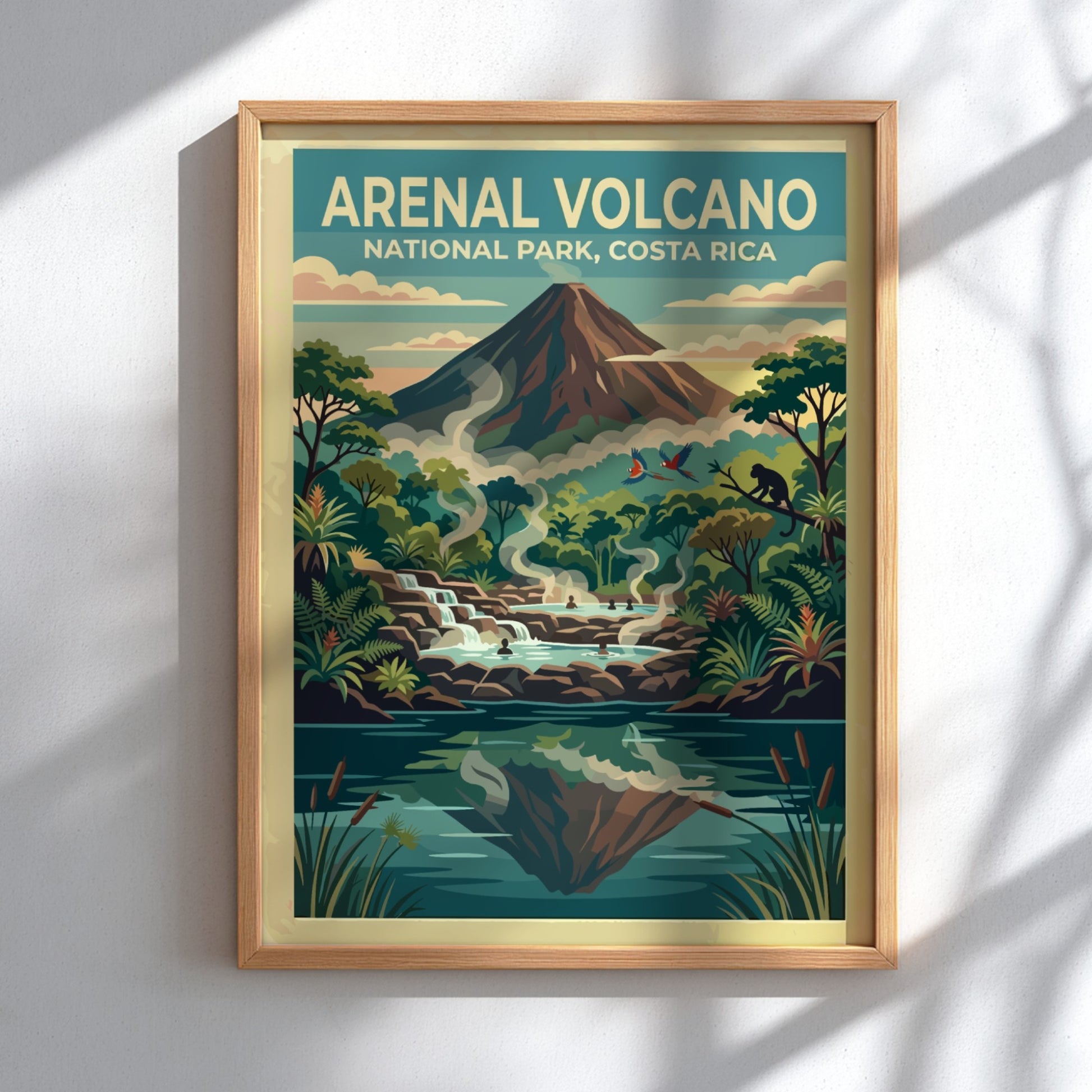 Travel poster of Arenal Volcano in Costa Rica with steaming thermal pools and monkeys.
