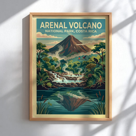 Travel poster of Arenal Volcano in Costa Rica with steaming thermal pools and monkeys.