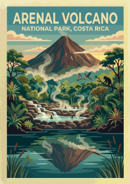 Travel poster of Arenal Volcano in Costa Rica with steaming thermal pools and monkeys.