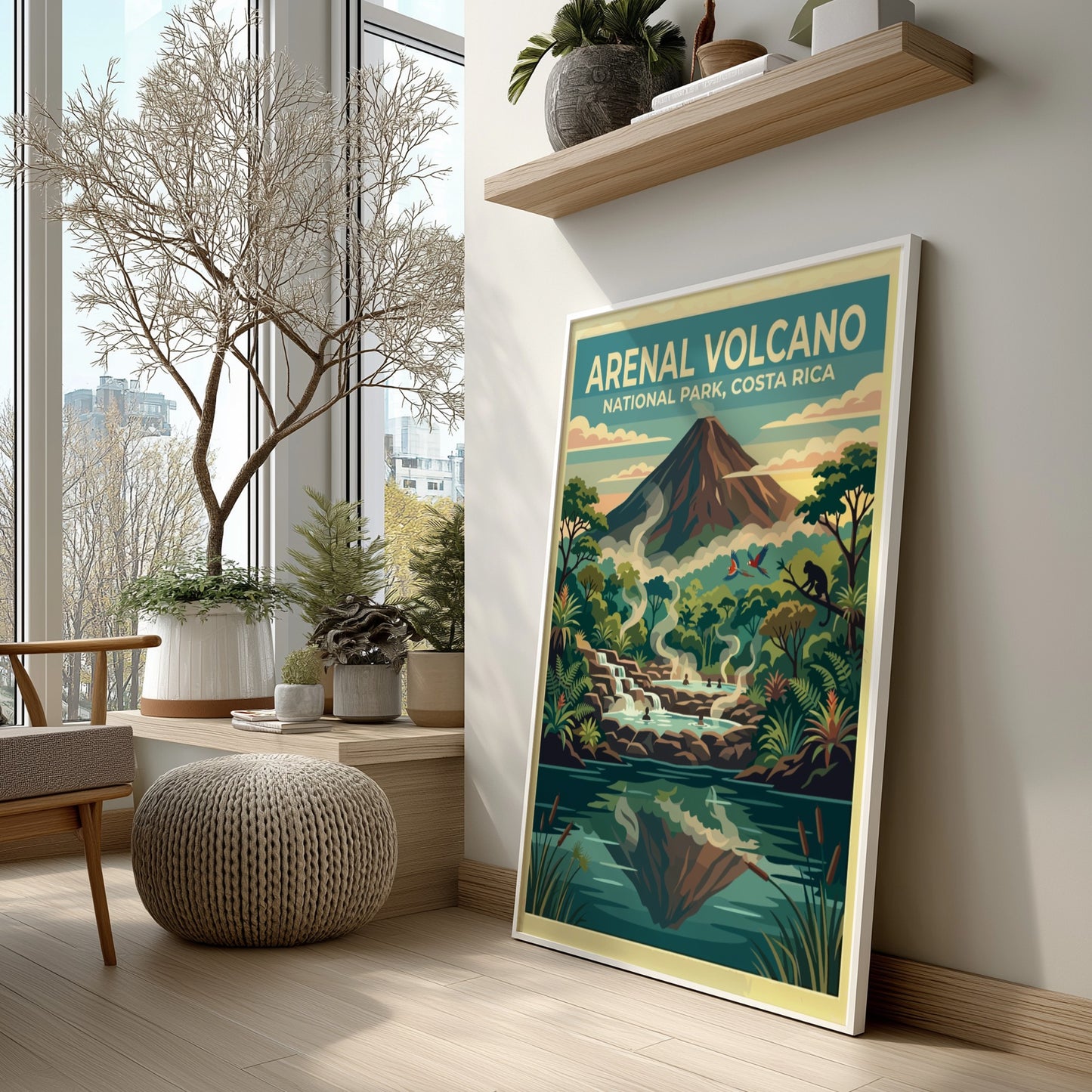 Travel poster of Arenal Volcano in Costa Rica with steaming thermal pools and monkeys.