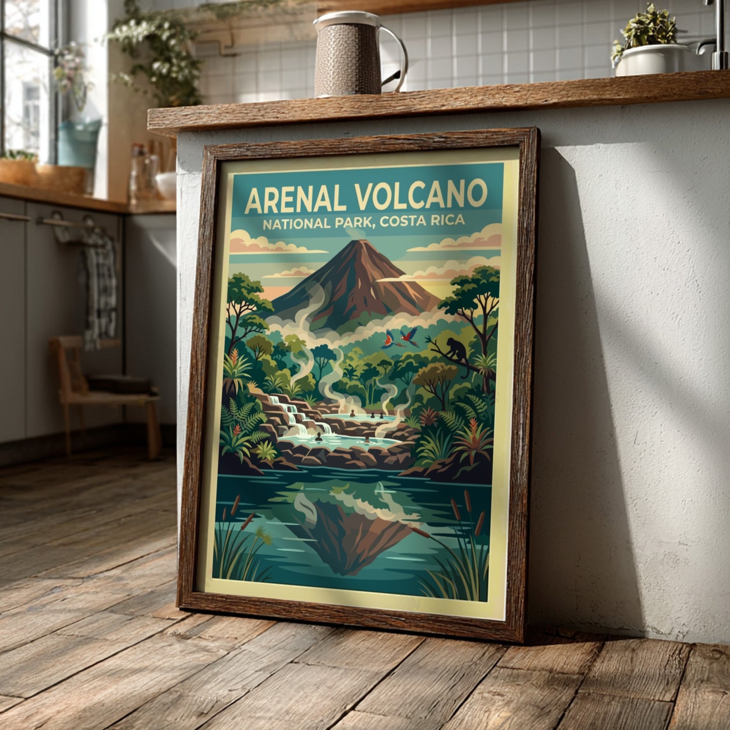 Travel poster of Arenal Volcano in Costa Rica with steaming thermal pools and monkeys.