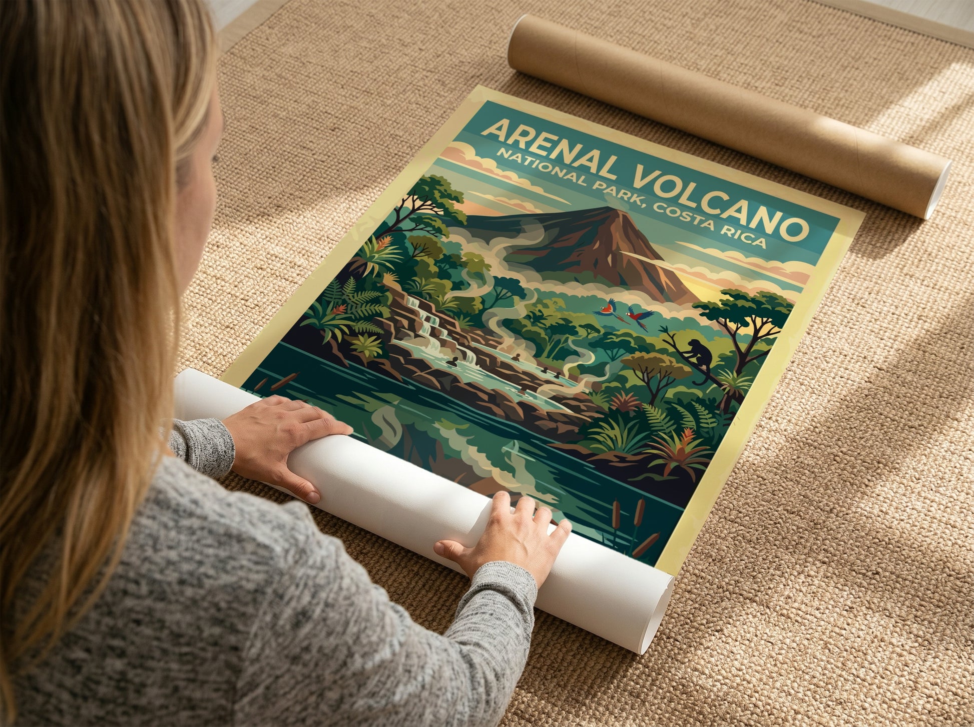 Travel poster of Arenal Volcano in Costa Rica with steaming thermal pools and monkeys.
