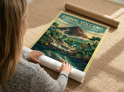 Travel poster of Arenal Volcano in Costa Rica with steaming thermal pools and monkeys.