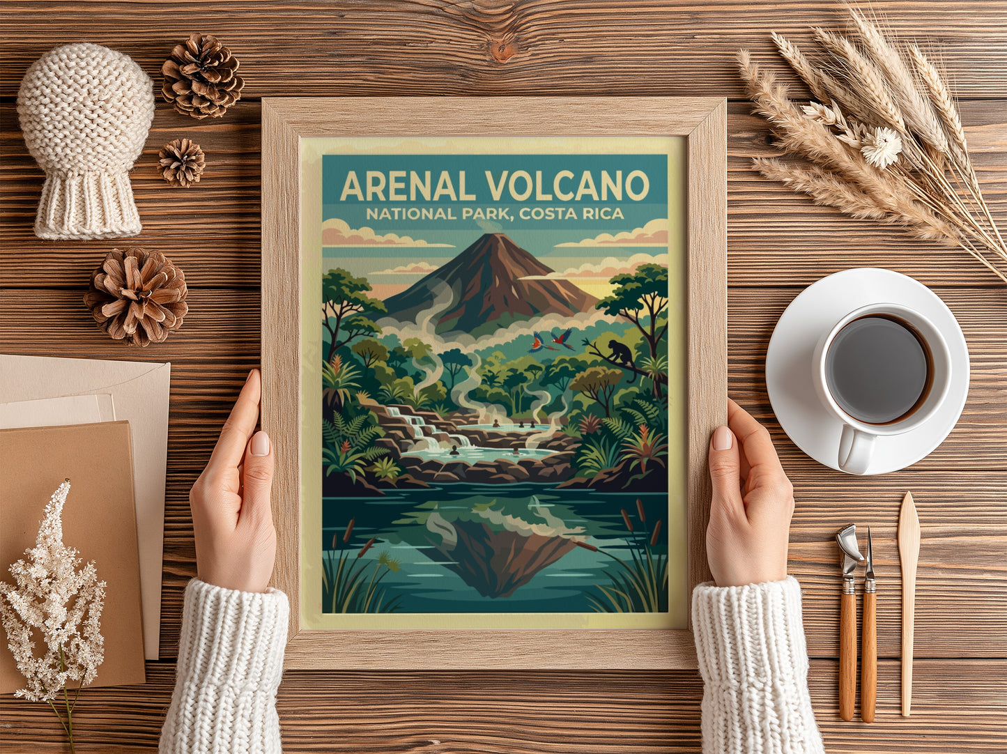 Travel poster of Arenal Volcano in Costa Rica with steaming thermal pools and monkeys.