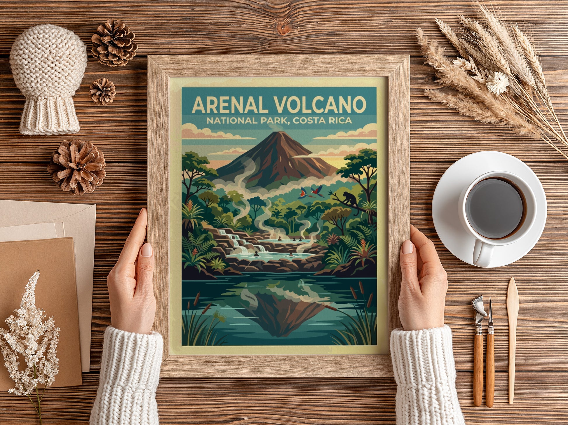 Travel poster of Arenal Volcano in Costa Rica with steaming thermal pools and monkeys.
