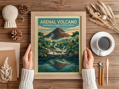 Travel poster of Arenal Volcano in Costa Rica with steaming thermal pools and monkeys.