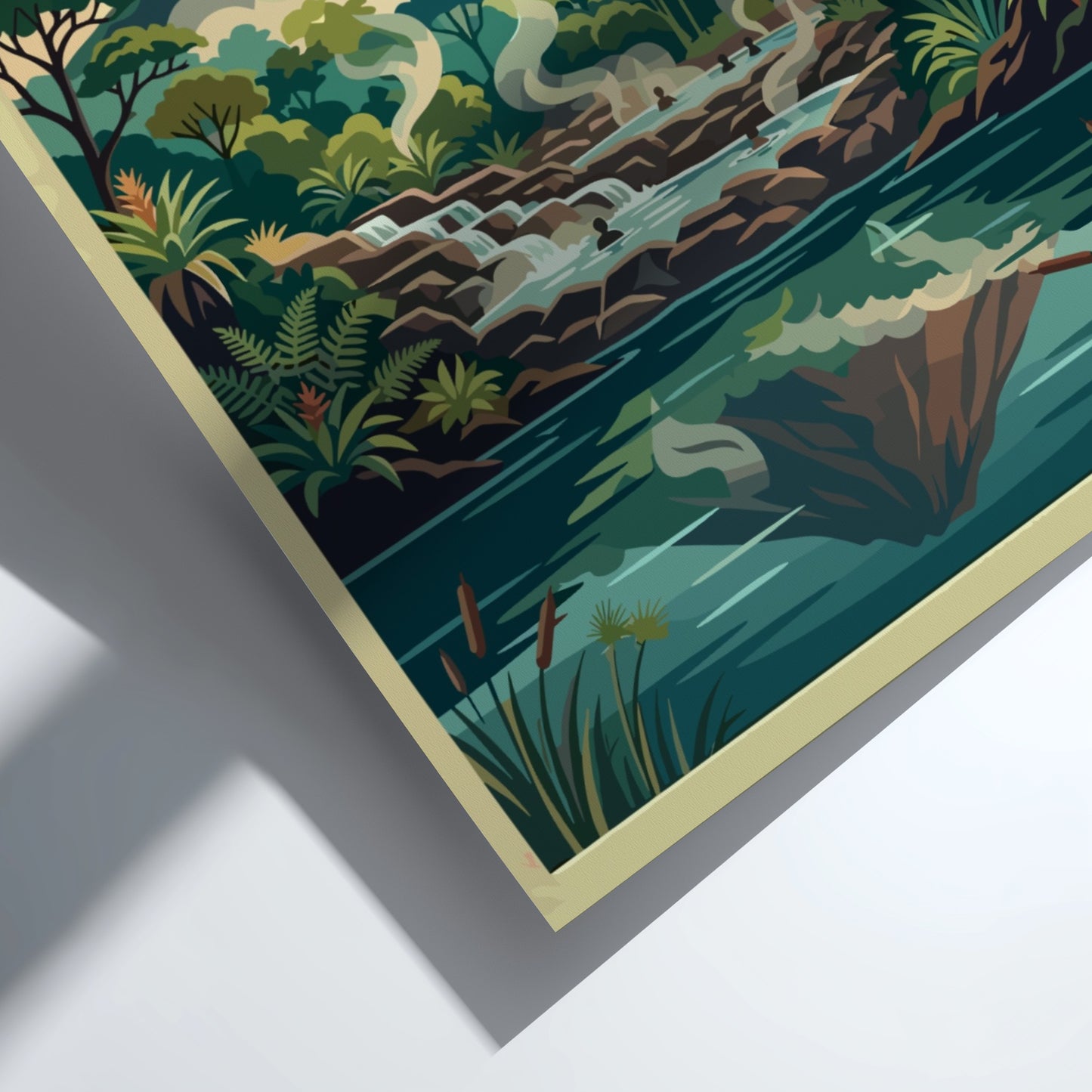 Travel poster of Arenal Volcano in Costa Rica with steaming thermal pools and monkeys.