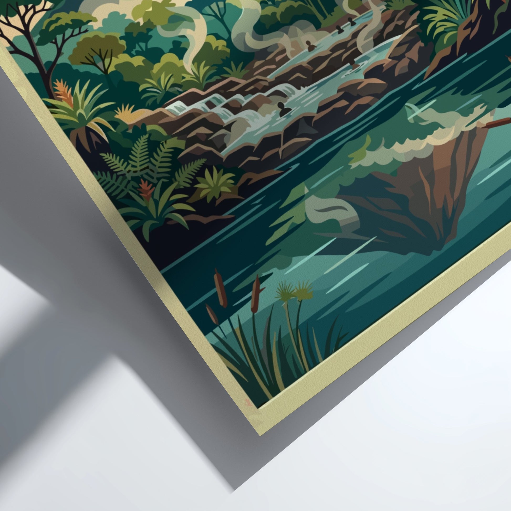 Travel poster of Arenal Volcano in Costa Rica with steaming thermal pools and monkeys.