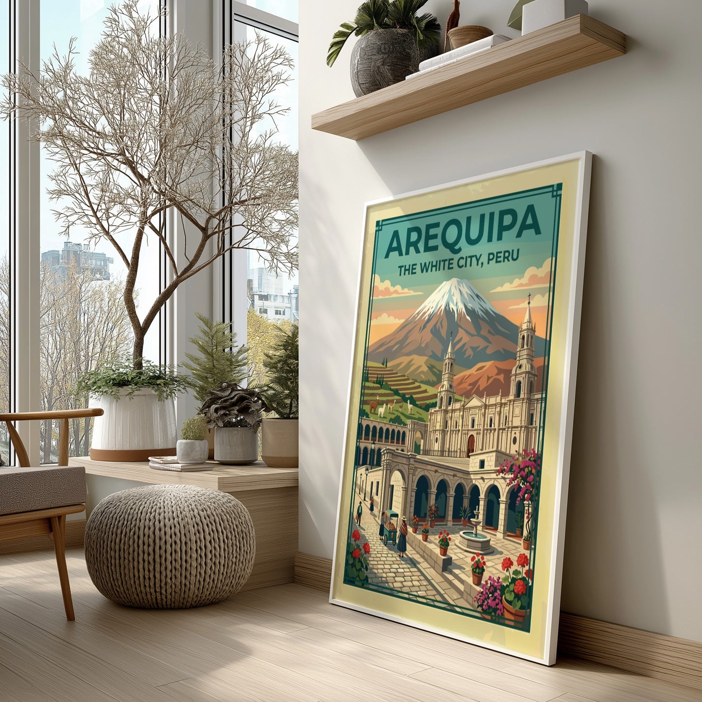 Arequipa The White City travel poster showing a Peruvian volcano and colonial plaza
