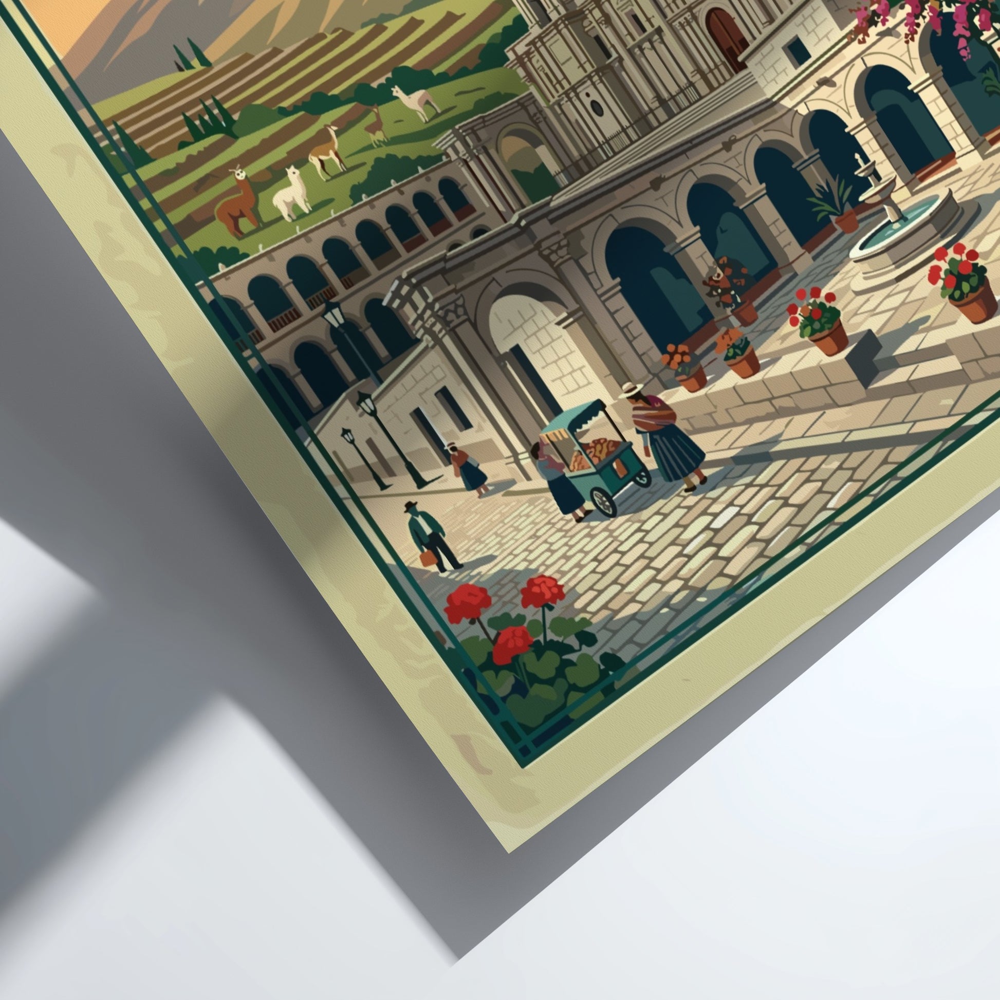 Arequipa The White City travel poster showing a Peruvian volcano and colonial plaza
