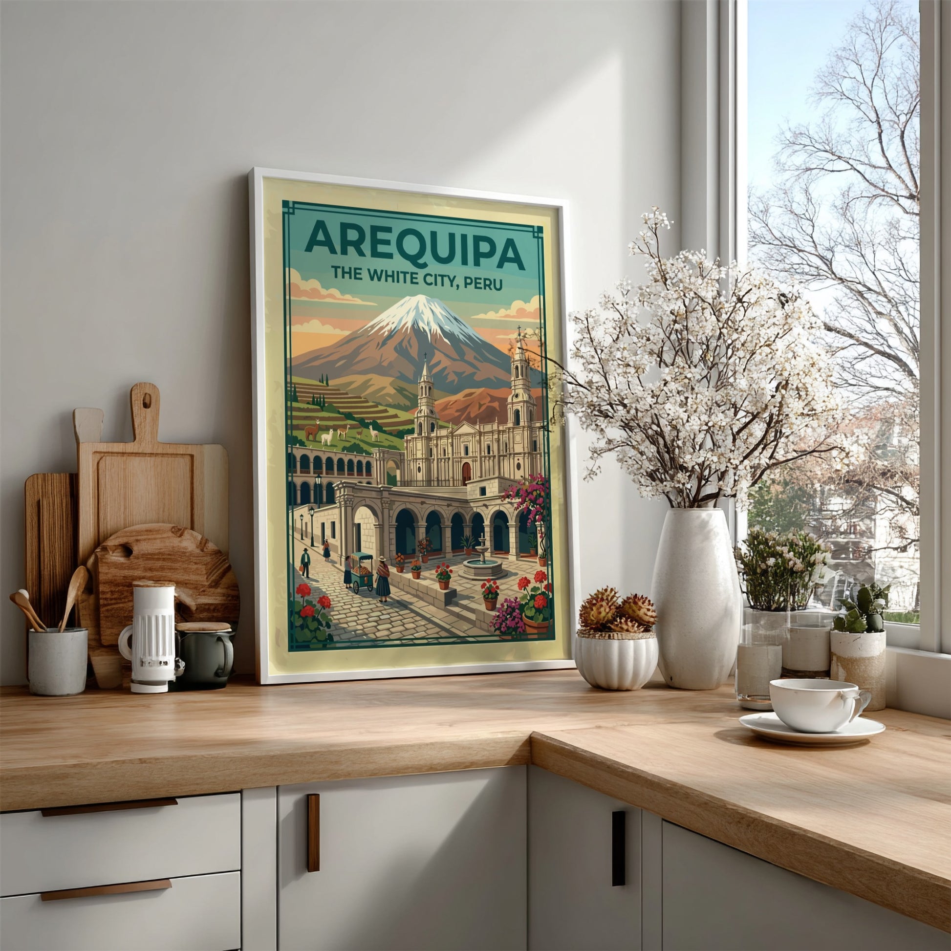 Arequipa The White City travel poster showing a Peruvian volcano and colonial plaza