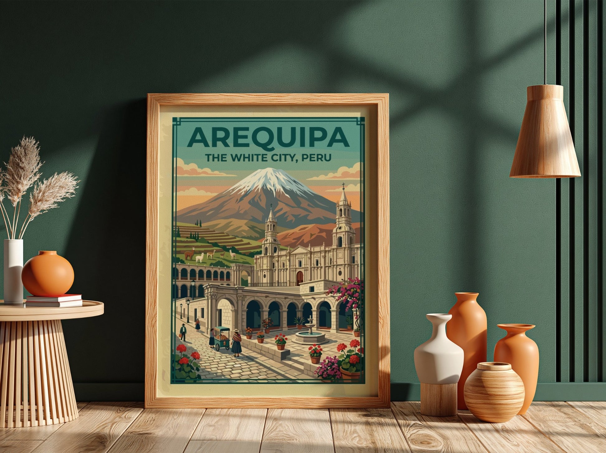 Arequipa The White City travel poster showing a Peruvian volcano and colonial plaza