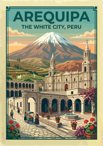 Arequipa The White City travel poster showing a Peruvian volcano and colonial plaza