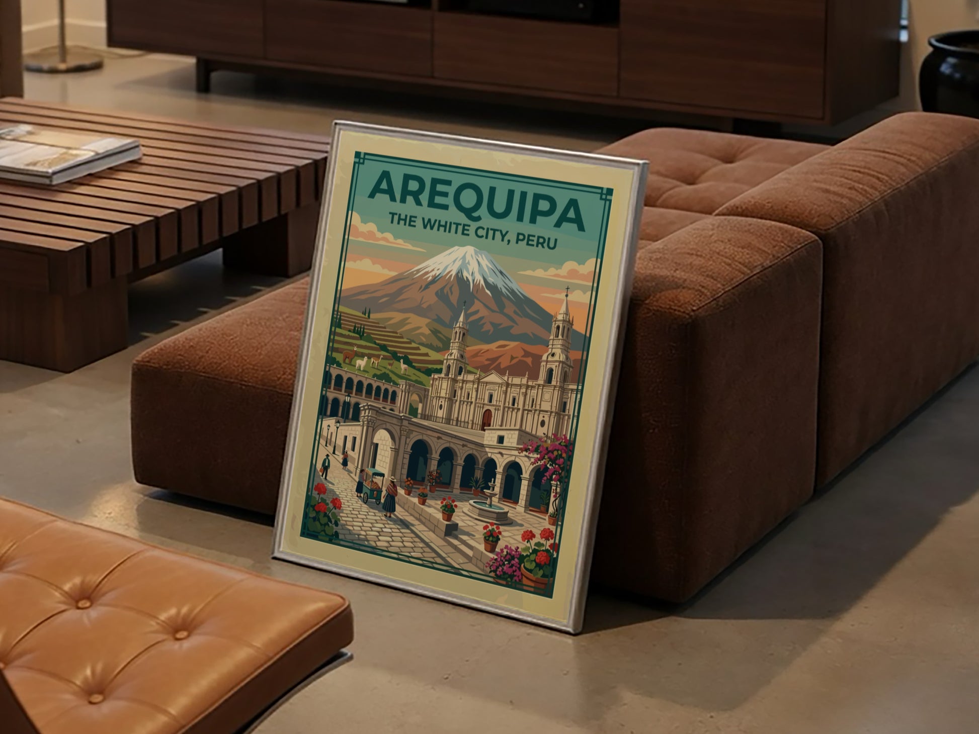 Arequipa The White City travel poster showing a Peruvian volcano and colonial plaza