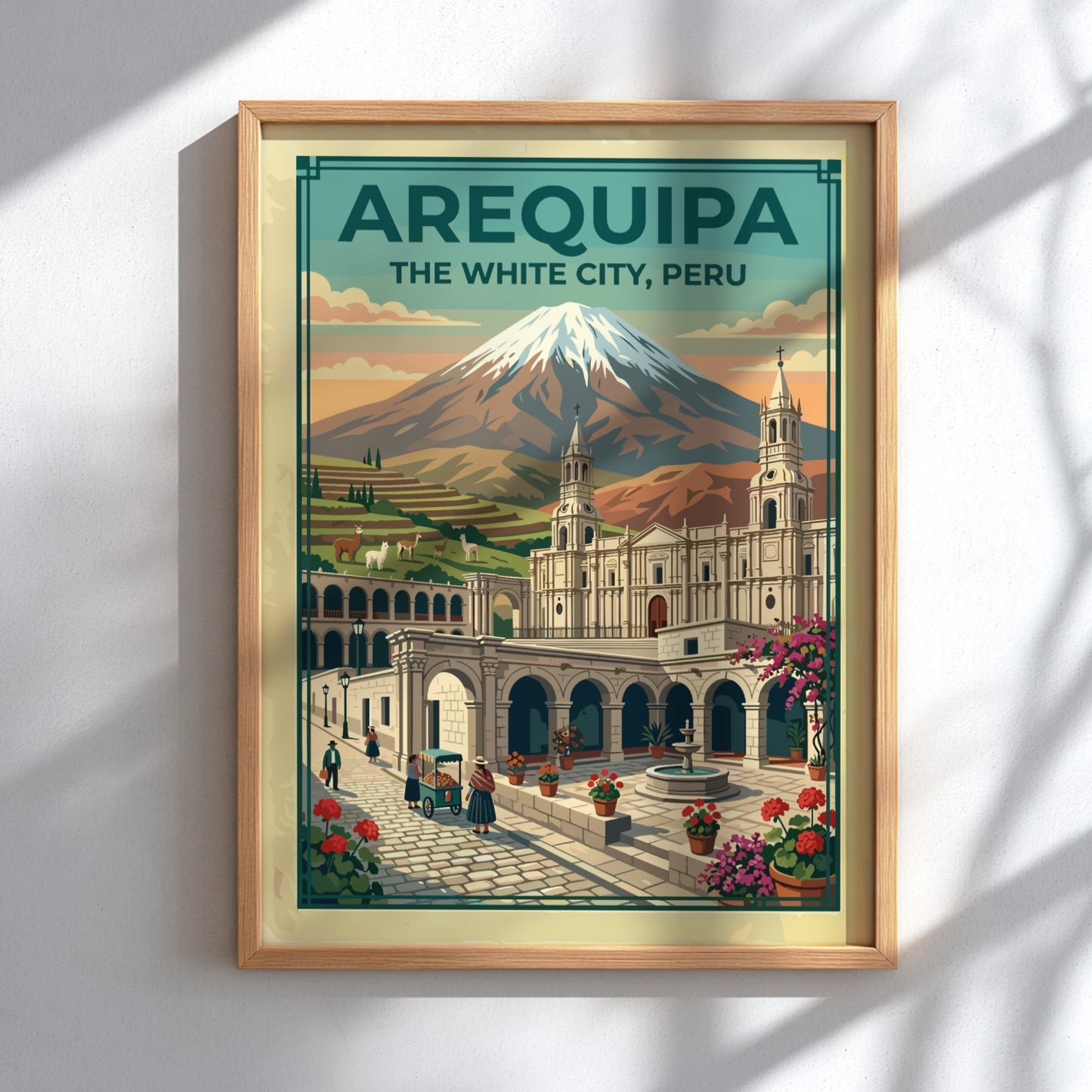 Arequipa The White City travel poster showing a Peruvian volcano and colonial plaza