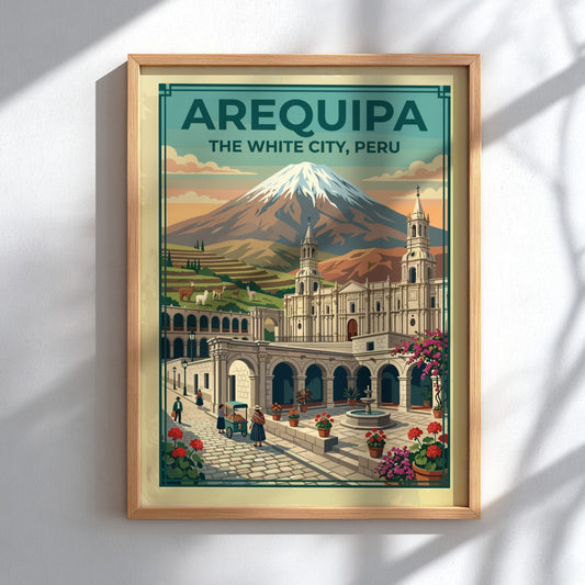 Arequipa The White City travel poster showing a Peruvian volcano and colonial plaza