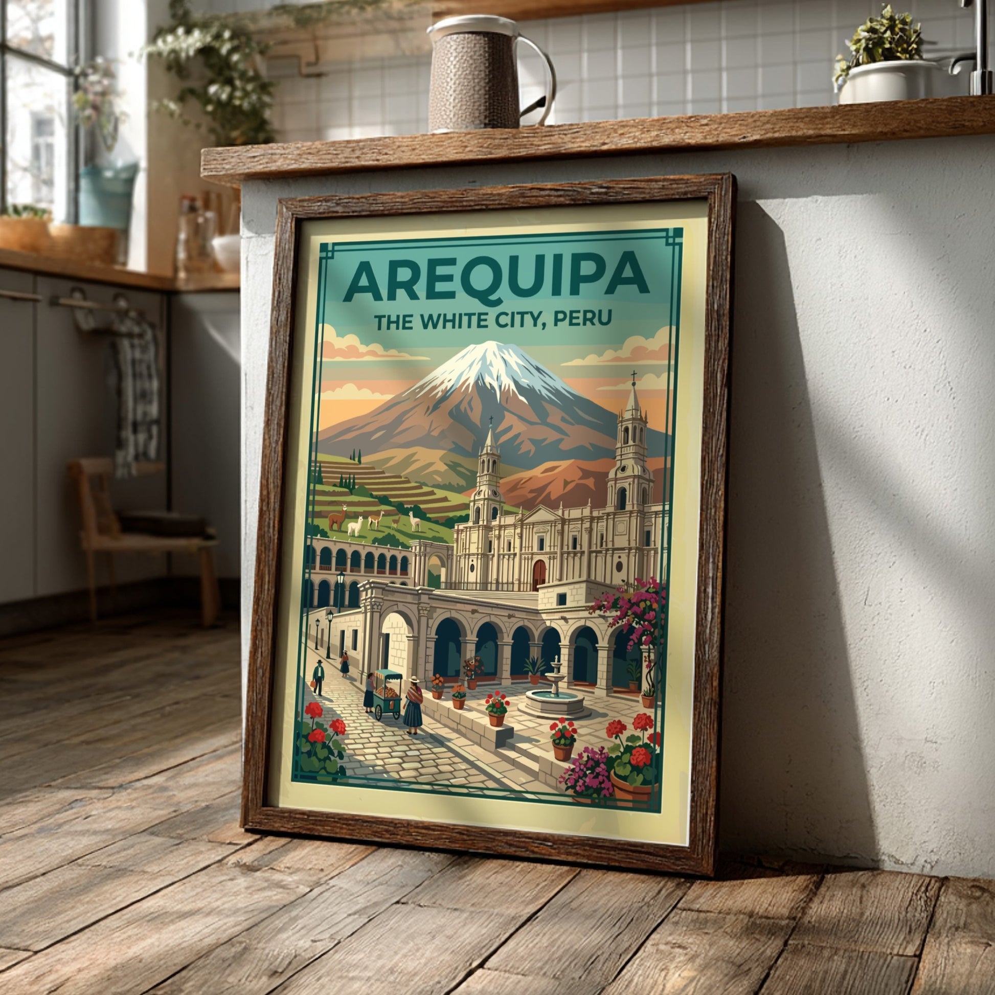 Arequipa The White City travel poster showing a Peruvian volcano and colonial plaza