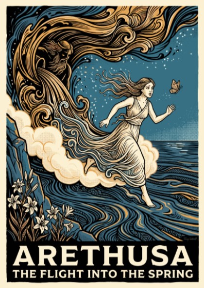Poster featuring Arethusa fleeing from a river god in a blue woodcut style