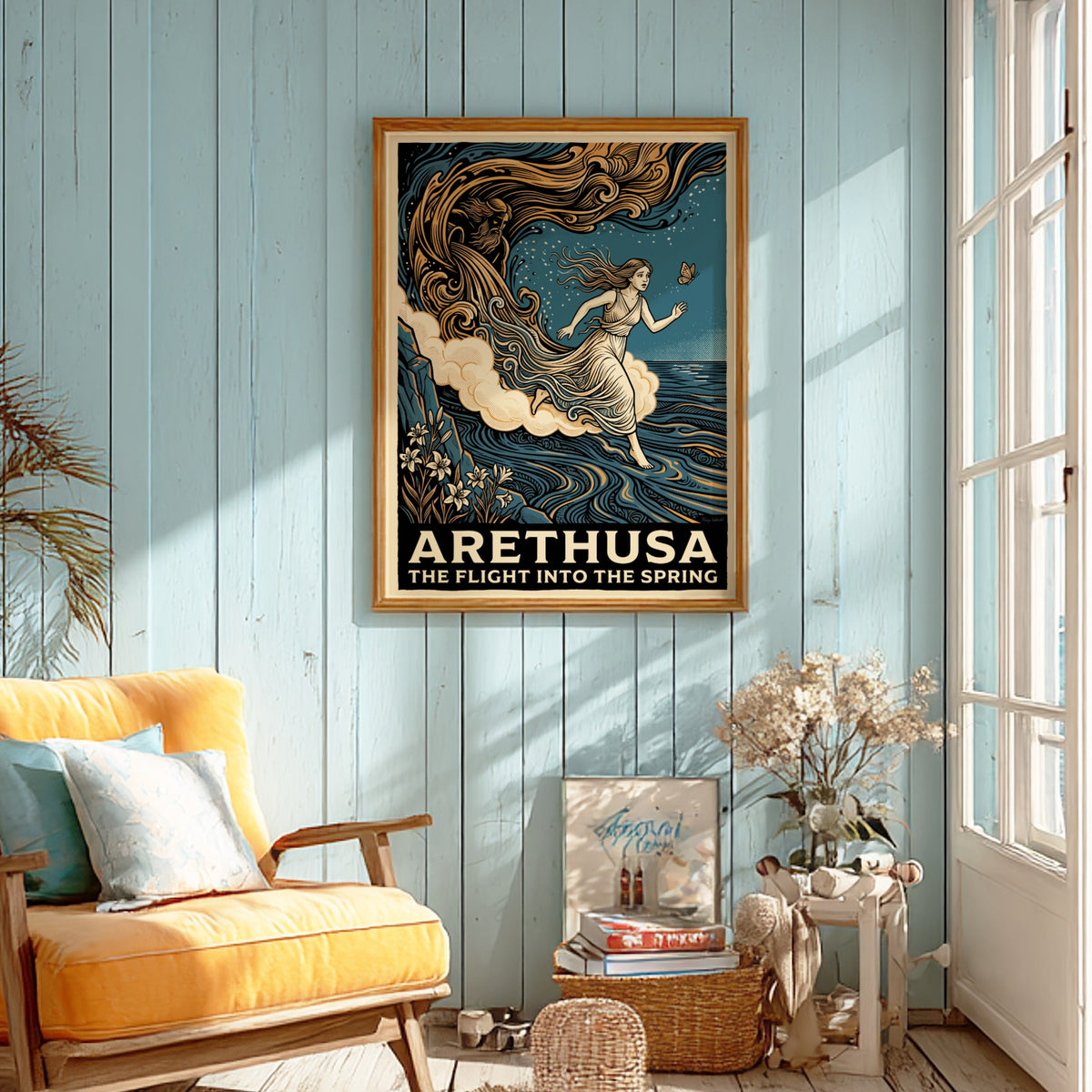 Poster featuring Arethusa fleeing from a river god in a blue woodcut style