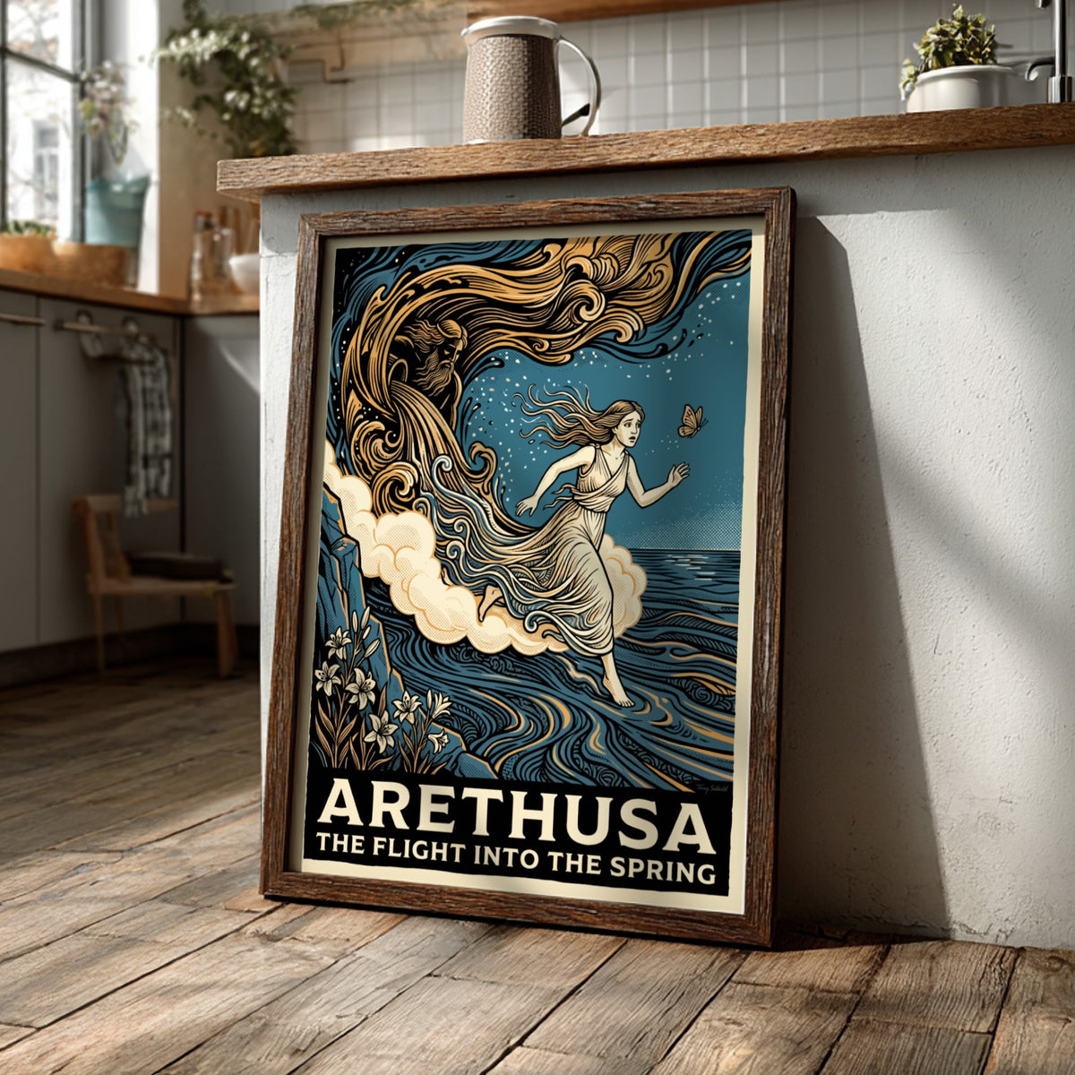 Poster featuring Arethusa fleeing from a river god in a blue woodcut style