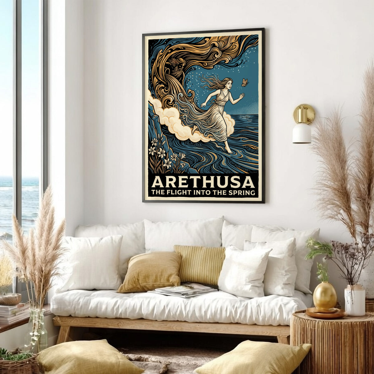 Poster featuring Arethusa fleeing from a river god in a blue woodcut style